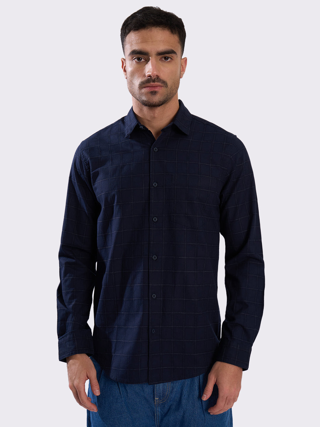 Men Navy Checked Single Pocket Shirt