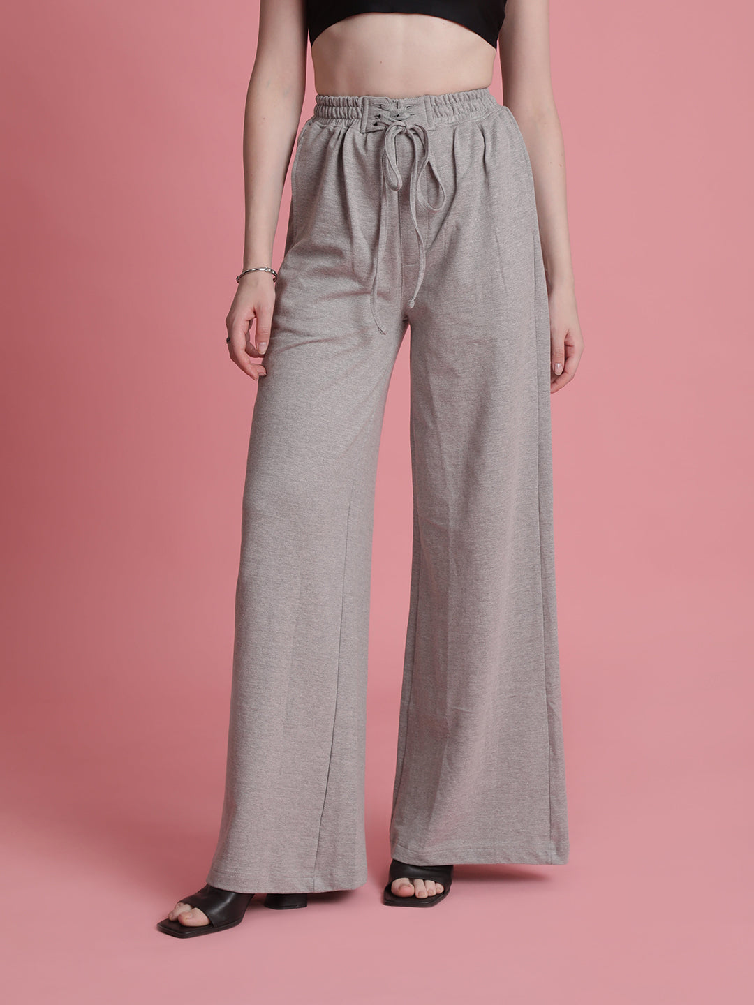 Women Grey Wide Leg Knitted Trousers