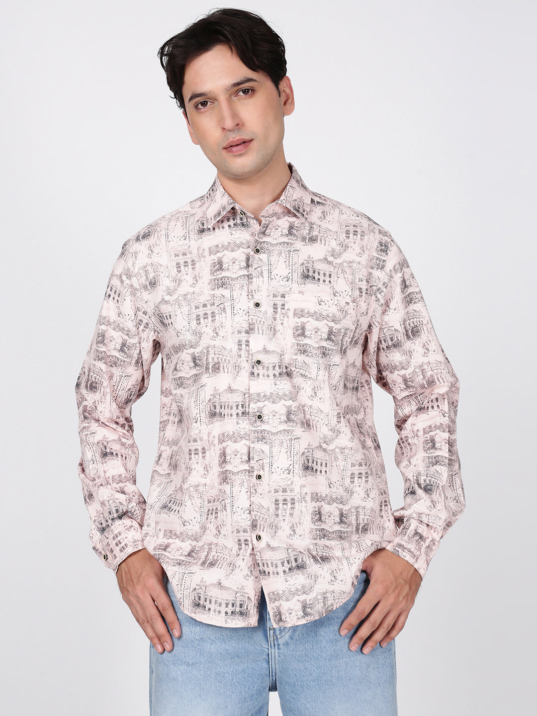 Men Peach and Black Abstract Print Single Pocket  Shirt
