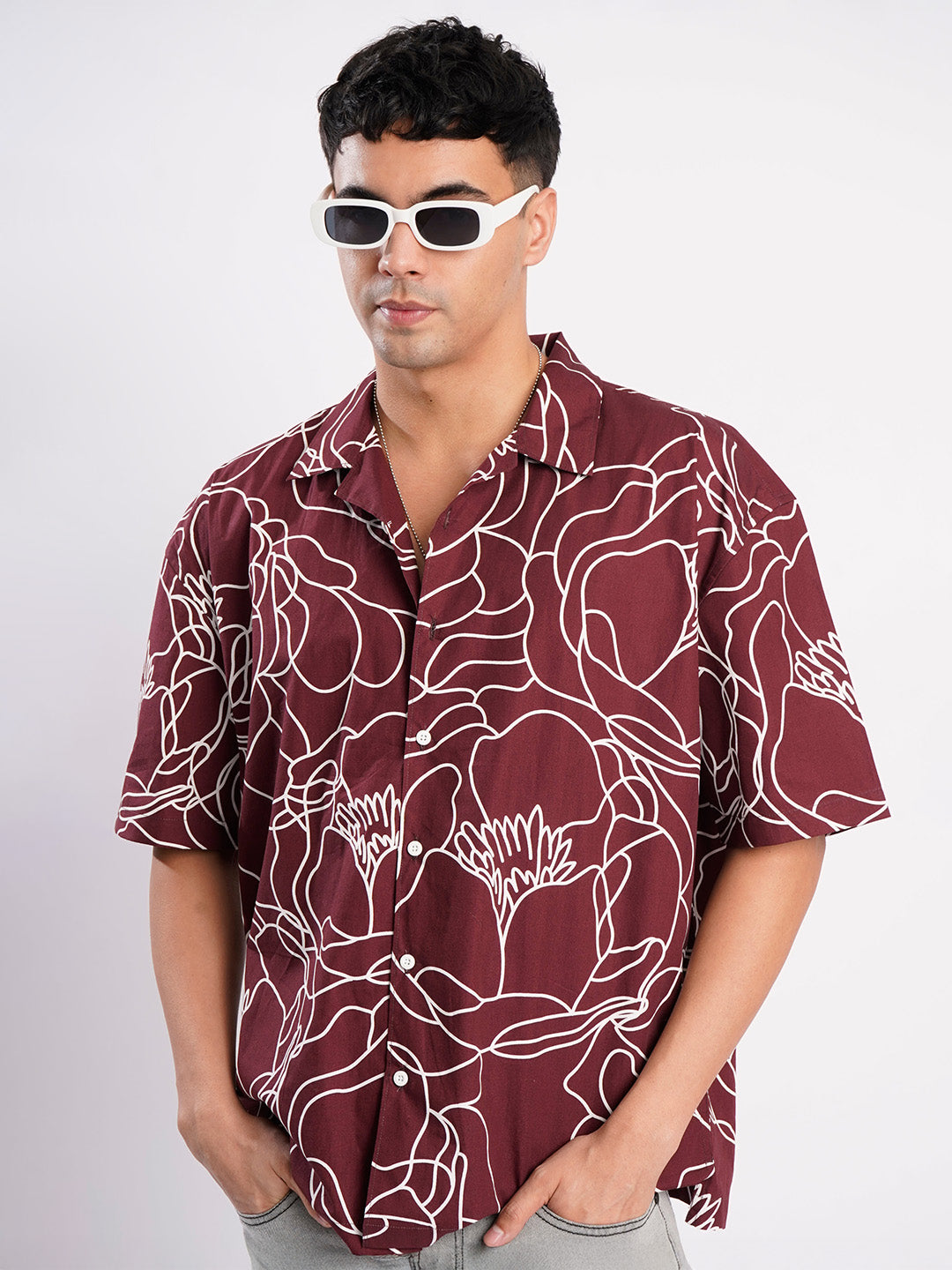 Men Maroon and White Resort collar Shirt