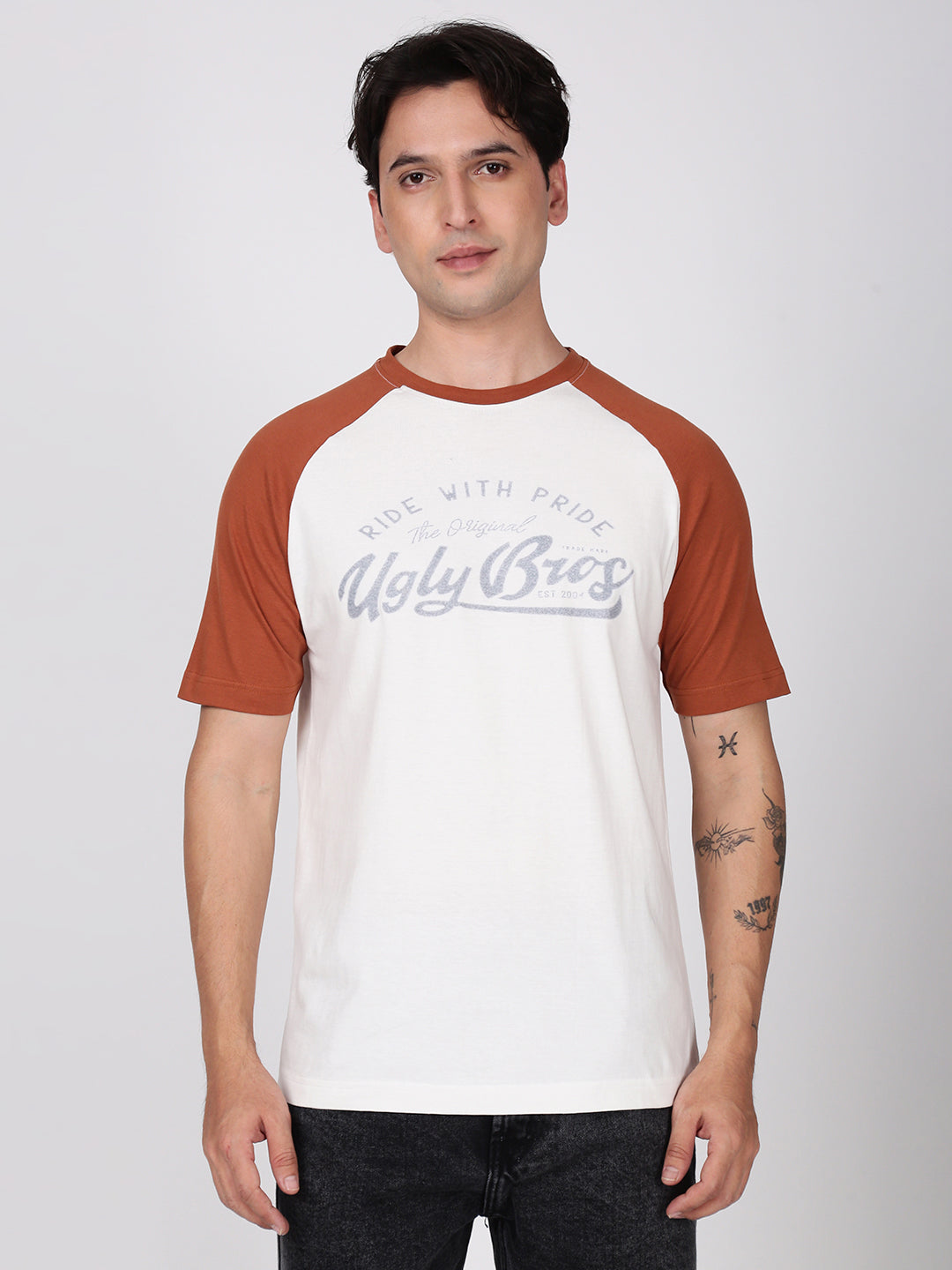 Men Off white and Brown Raglan-Sleeve Typography Tshirt