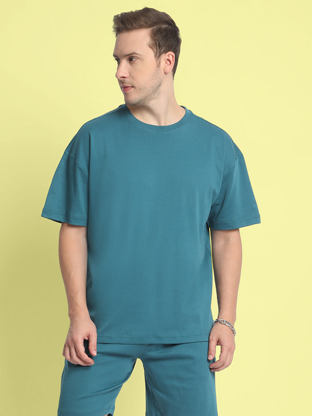 Men Teal Oversized Solid Interlock T-Shirt