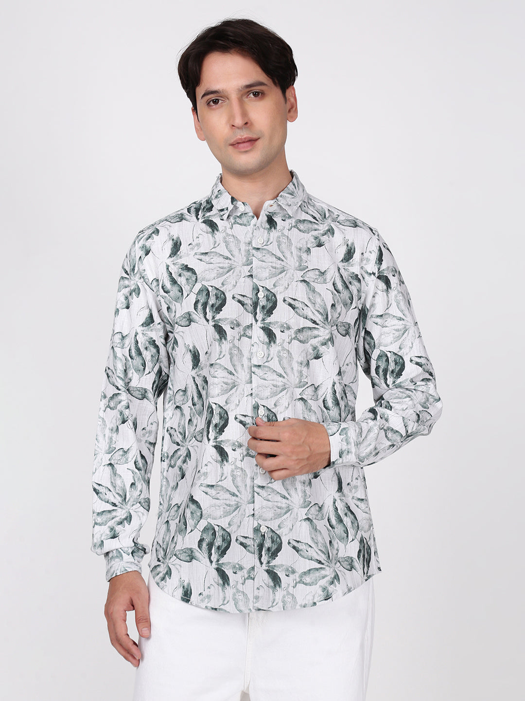 Men White and Green Floral Printed Slub TextureShirt