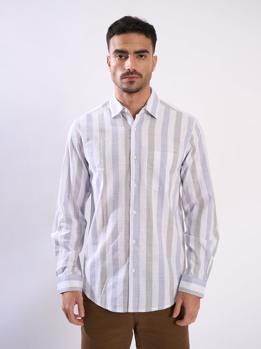 Men Blue and Grey Striped Single Pocket Shirt