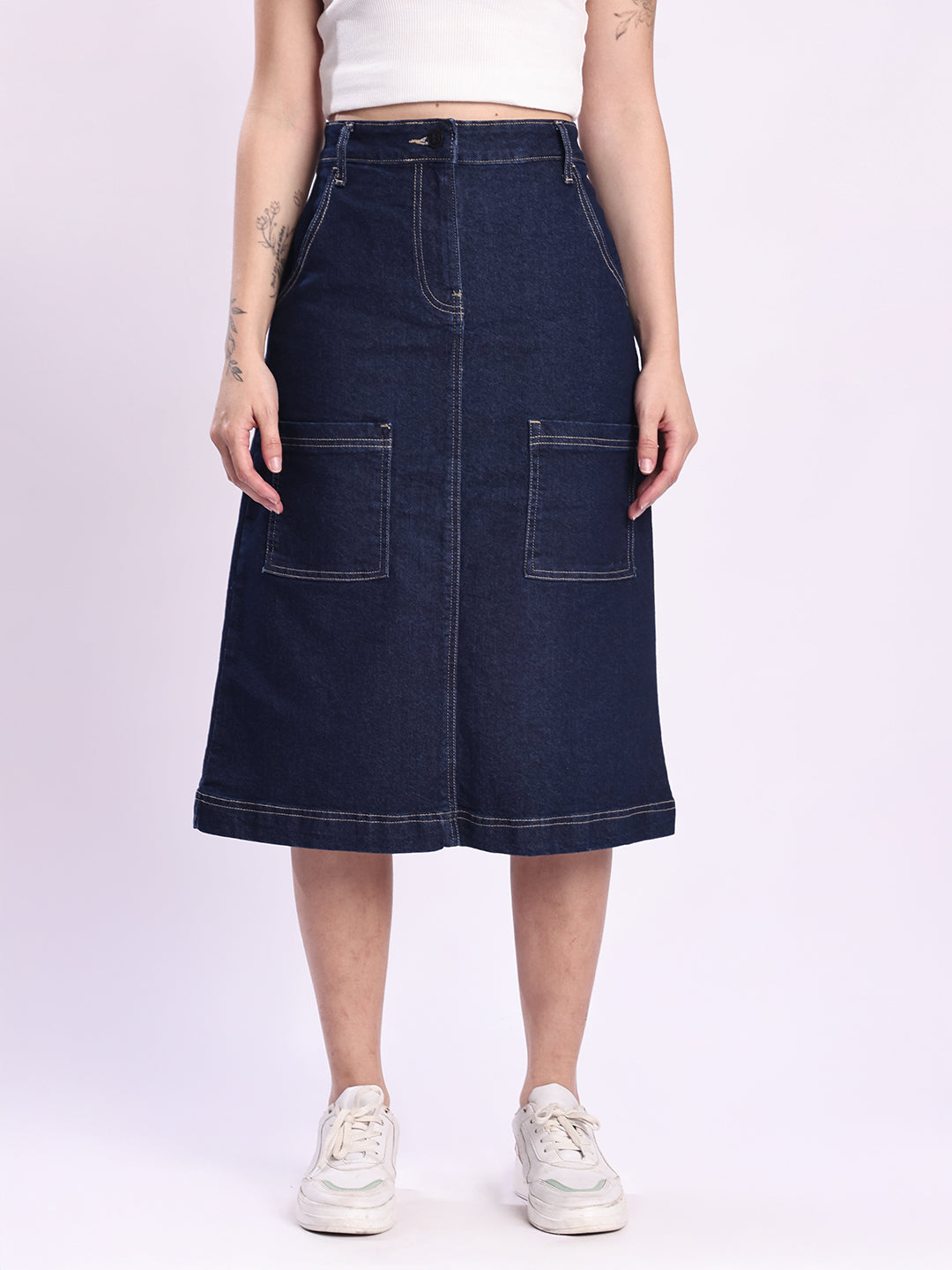 Women Blue A-Line Cargo Denim Skirt