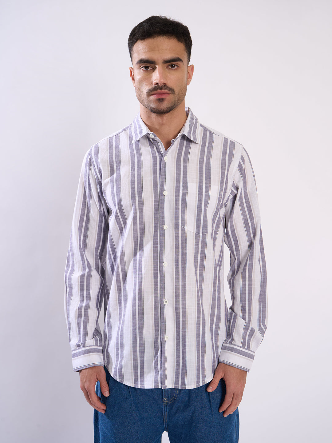 Men Purple and White Striped Single Pocket Shirt