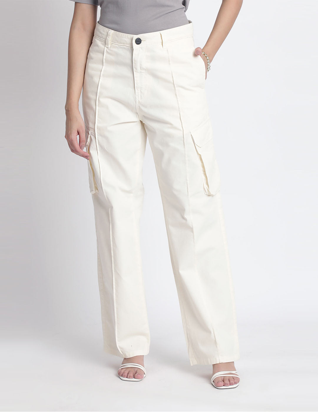 Women Cream Straight-Fit Solid Cargo Trousers