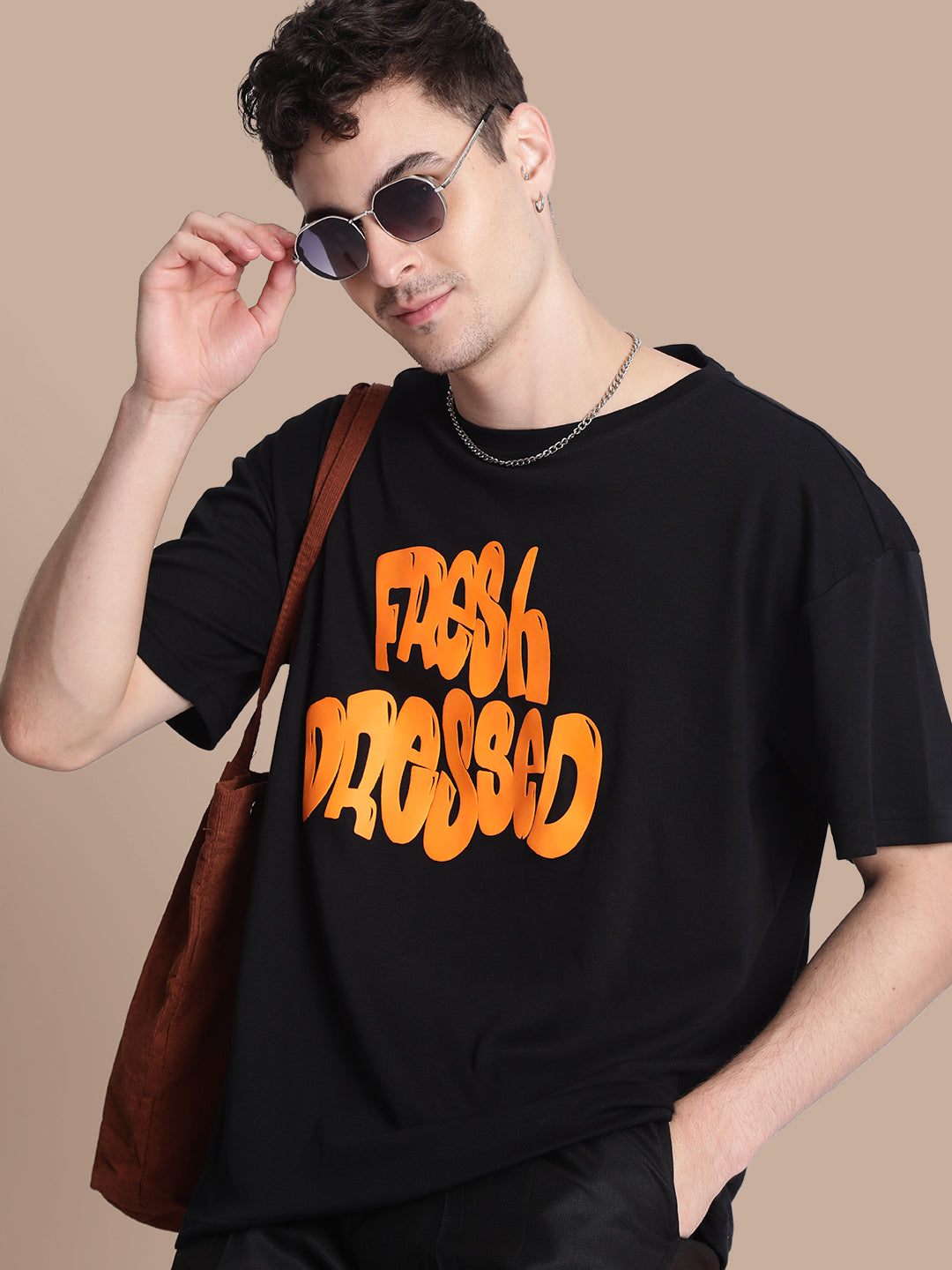 Men Black Oversized Typography Printed Tee