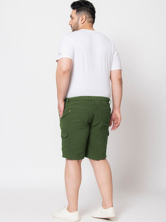 Men Olive Regular Fit Solid Cargo Shorts