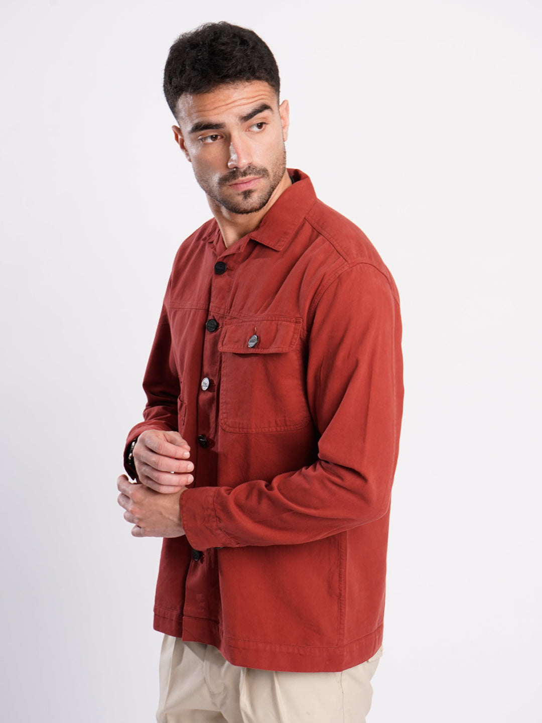 Men Brick Red Double Pocket Shacket