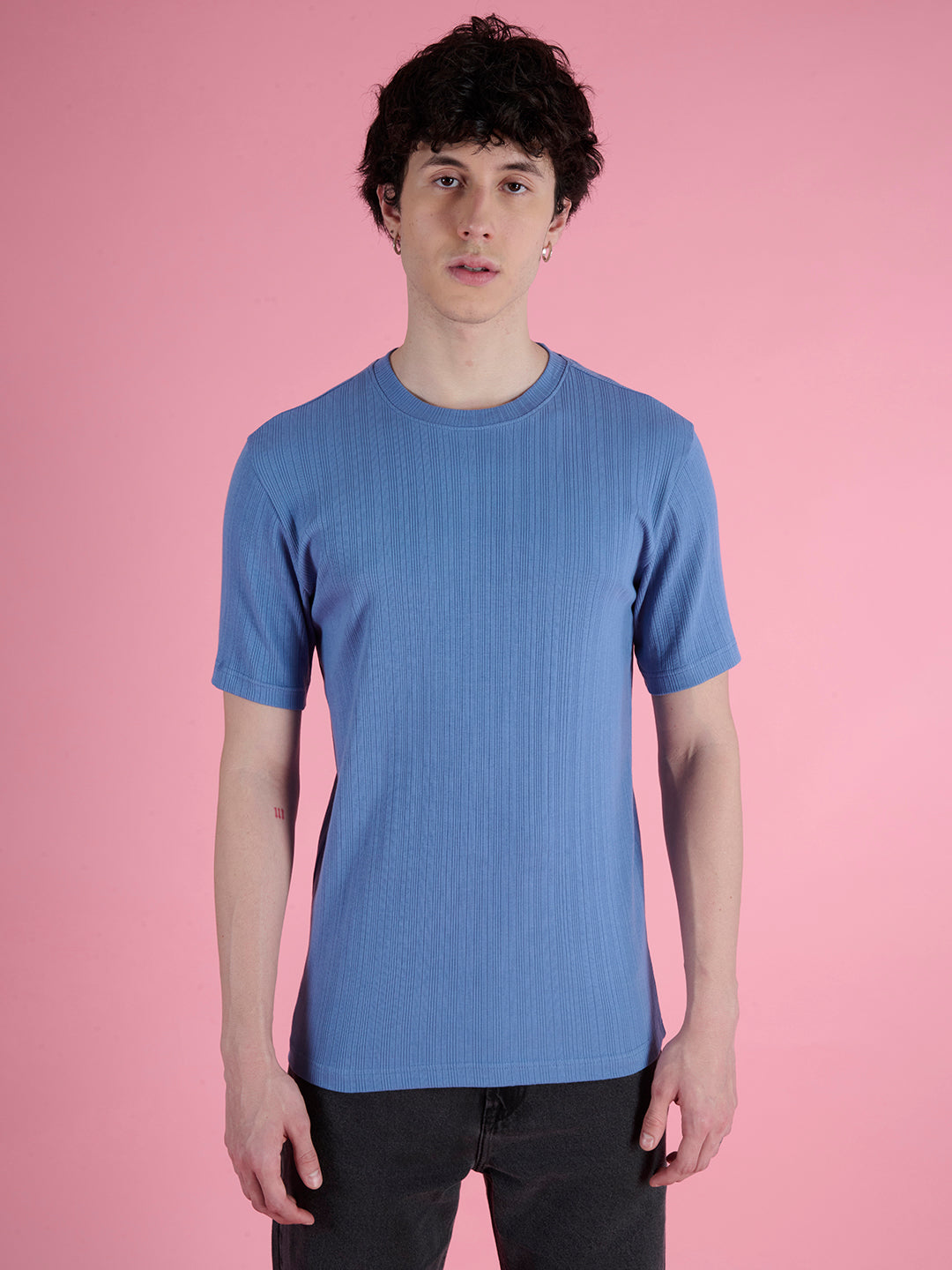 Men-Admiral Blue-Coloured-95% cotton 5% elastane -Round-Neck-Self-Design-T-shirts