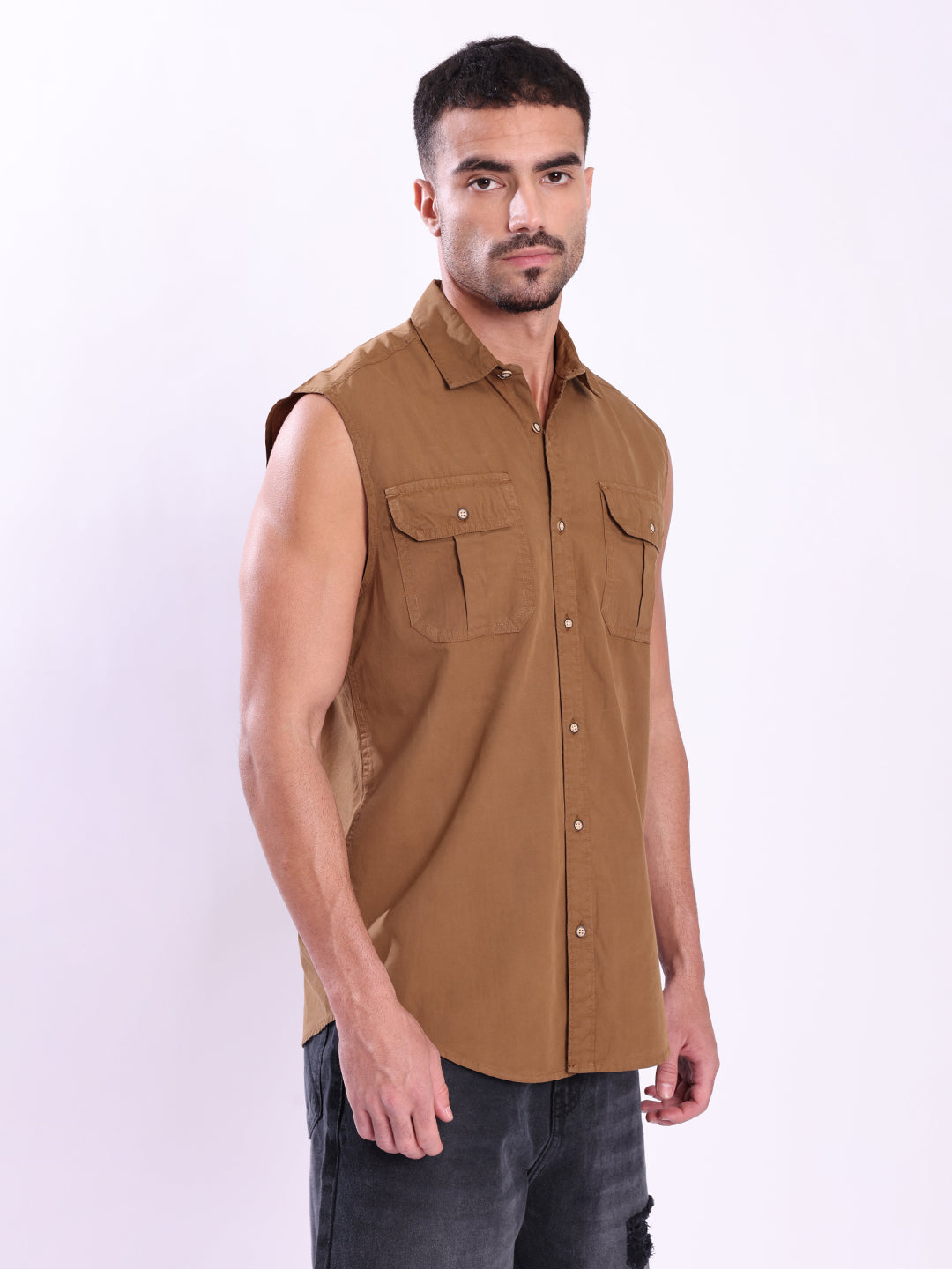 Men Brown Double Pocket Sleeveless shirt