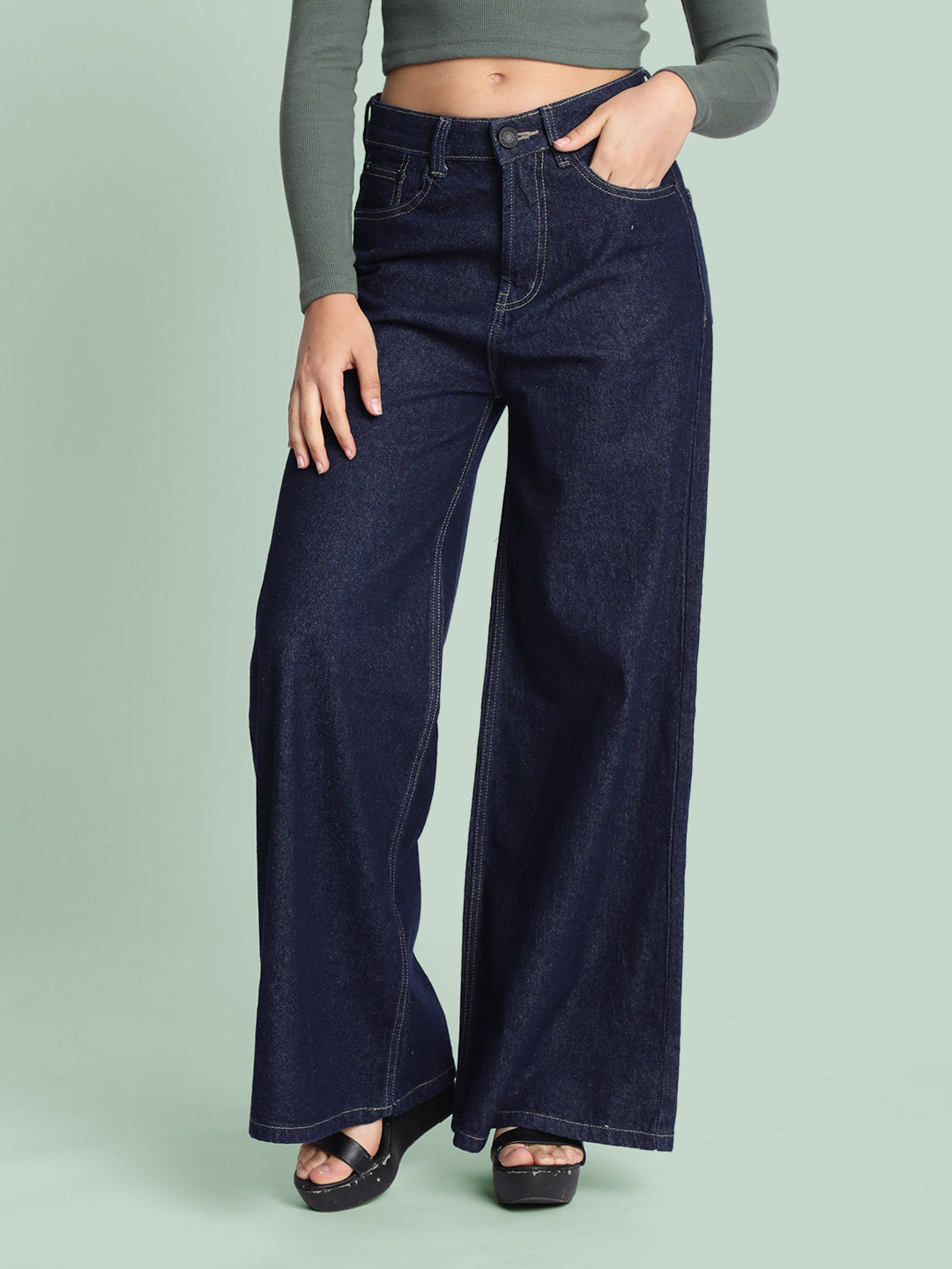 Women Navy Super Wide-Leg Jeans