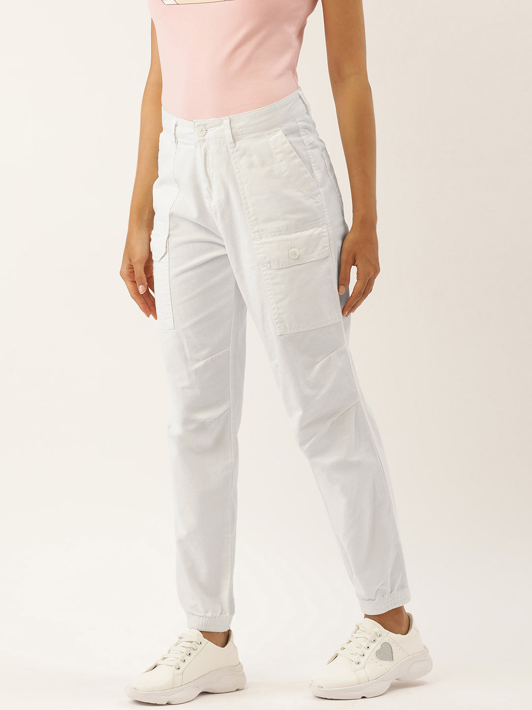 Women White Regular Fit Solid Cargo Joggers