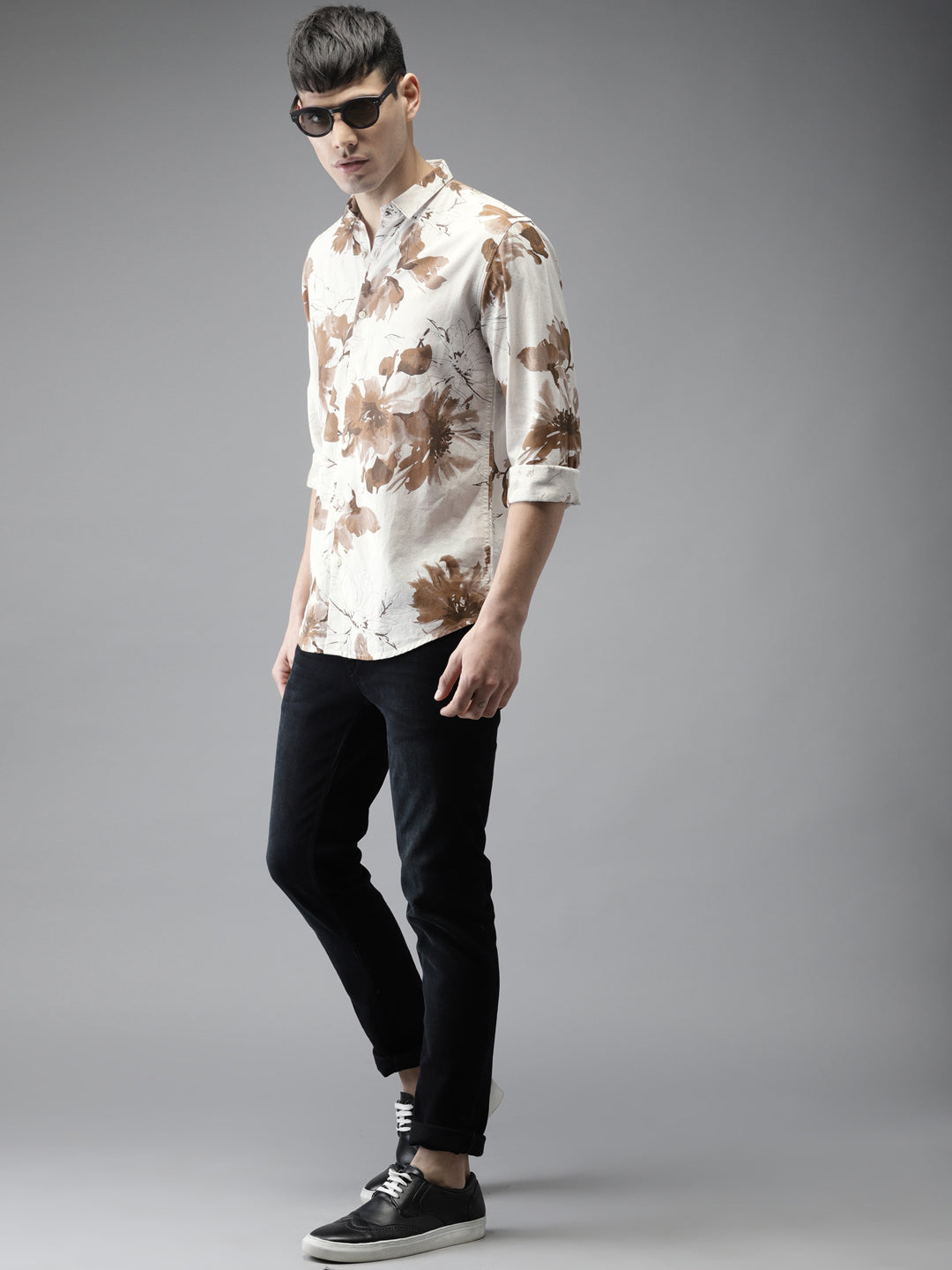 Men Cream Slim Fit Floral Casual Shirt