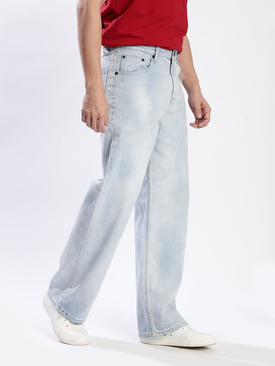 Men Blue Faded Look Wide Leg Jeans