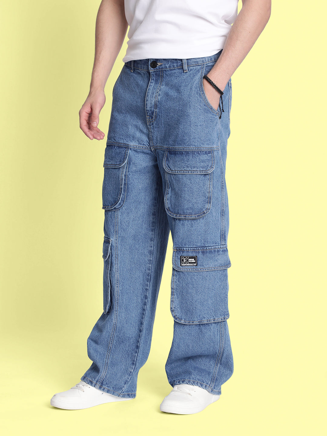 Men Mid Blue Baggy Jeans-with Multi Cargo Pockets