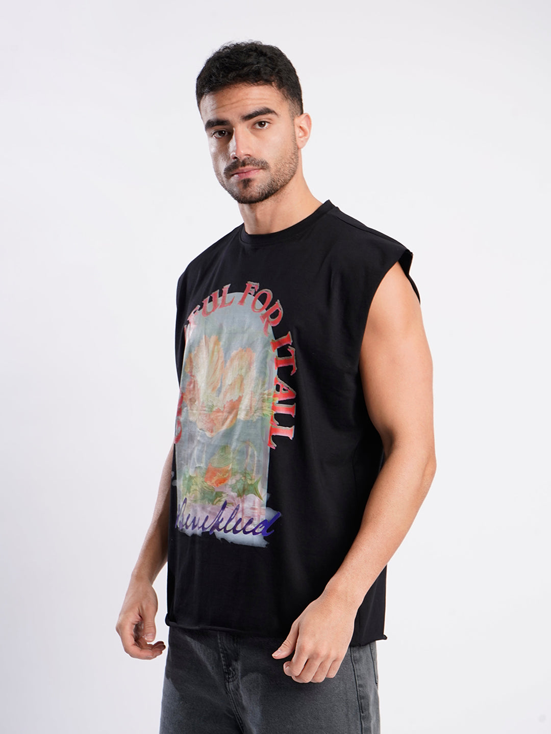 Men Black Sleeveless Graphic Oversized T Shirt