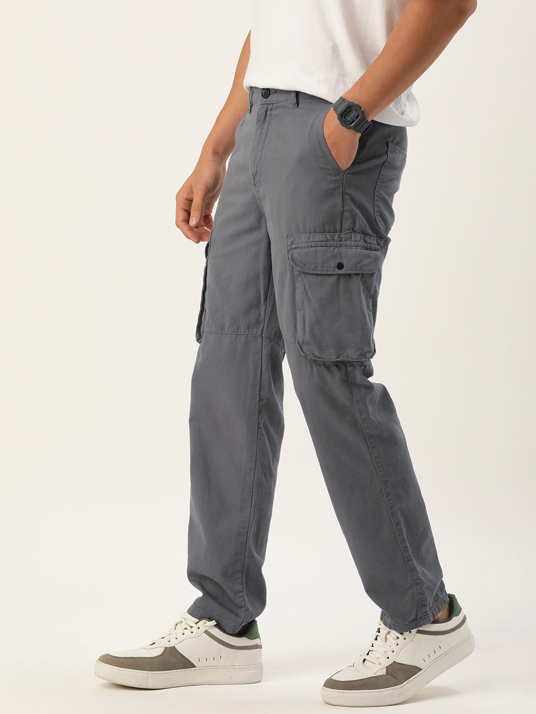 Men Iron Grey Regular Fit Overdyed Solid Cargo Trouser with Baggy Pocket