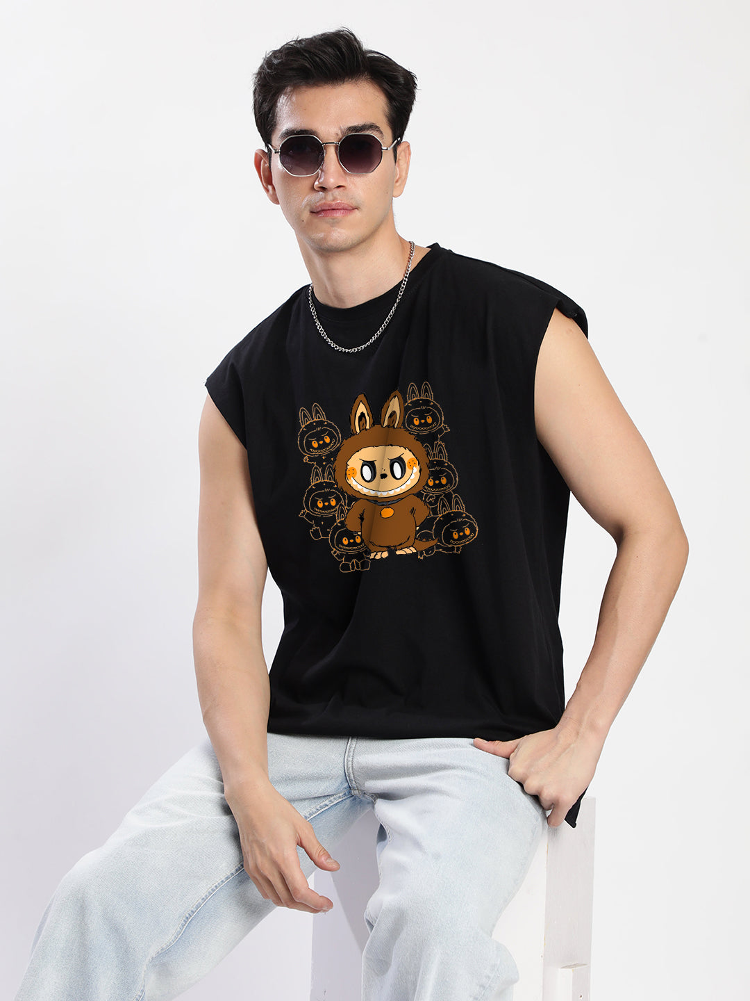 Men Black Sleeveless Graphic Oversized T Shirt