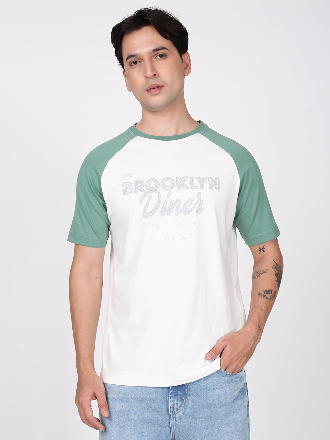 Men Off white and Green Raglan-Sleeve Typography Tshirt