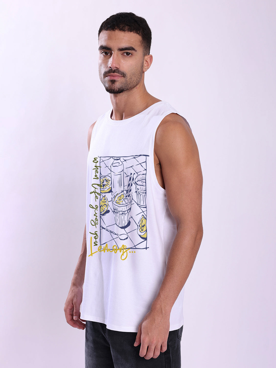 Men White Sleeveless Graphic Print Relax Fit T Shirt