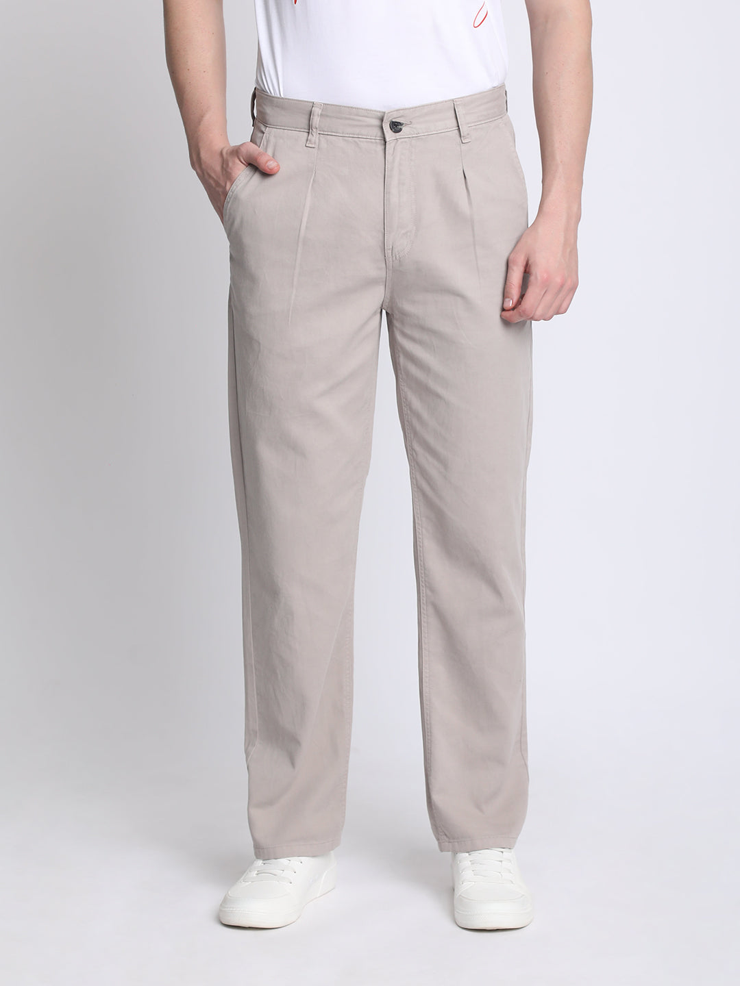 Men Grey Straight-Fit Solid Chinos