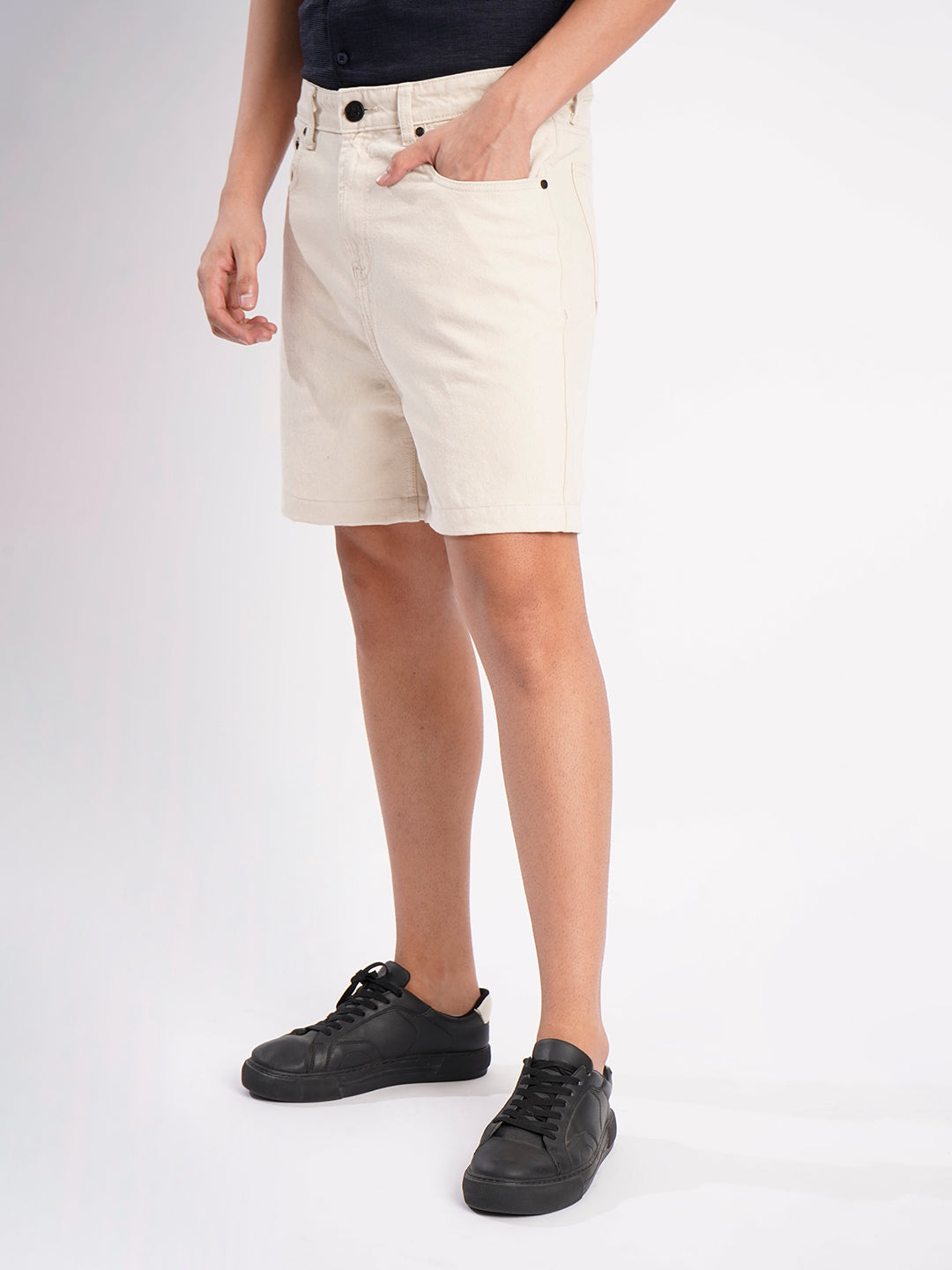 Men Ecru Regular Fit Denim Shorts