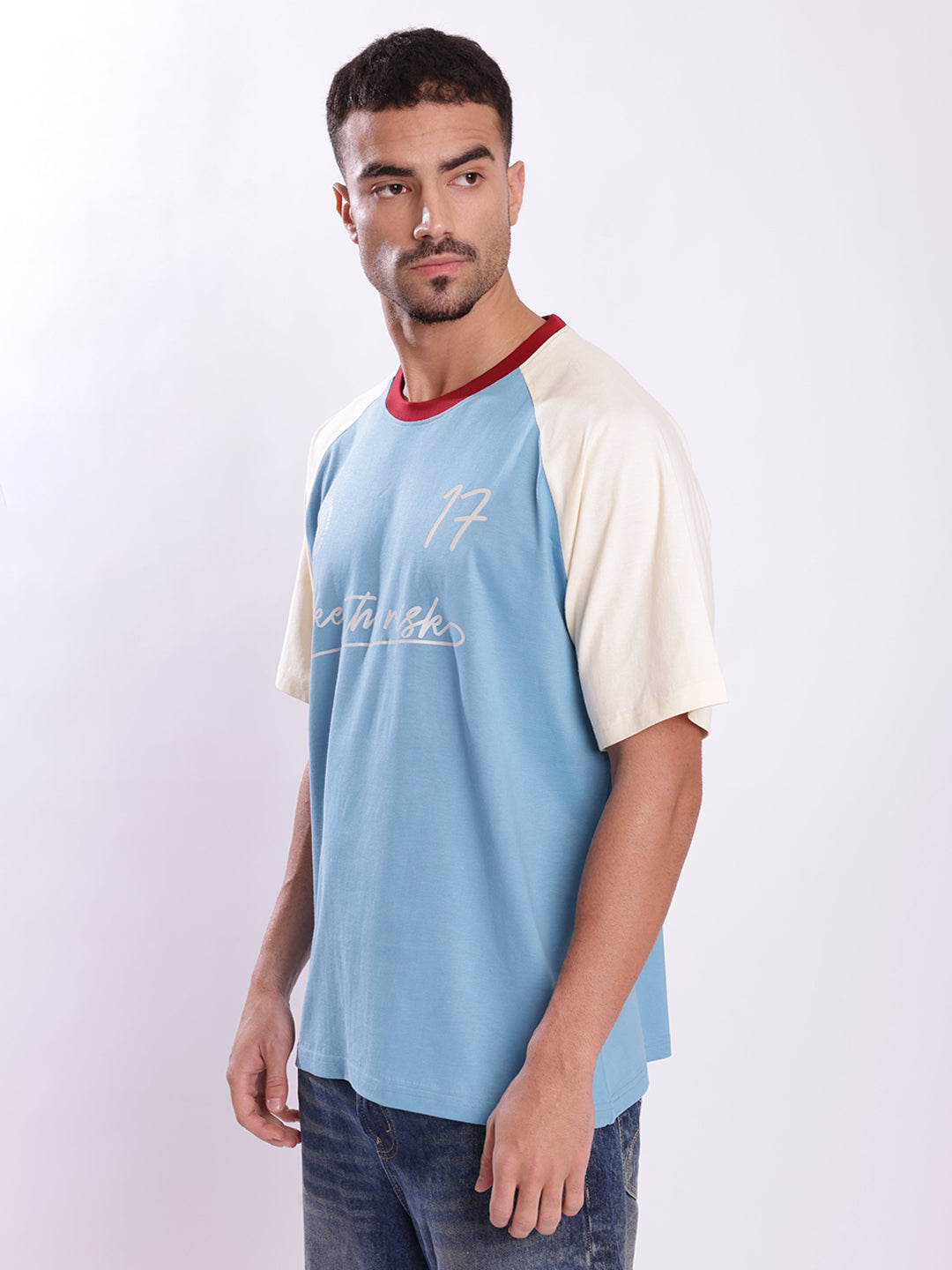 Men Blue and Beige Raglan Sleeve Typography Oversize Tshirt