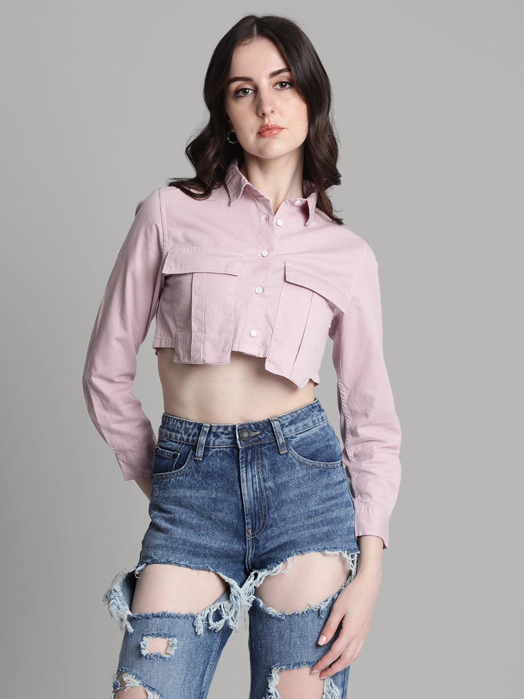 Women Lilac Long Sleeve Cropped Shirt with Oversized Pockets