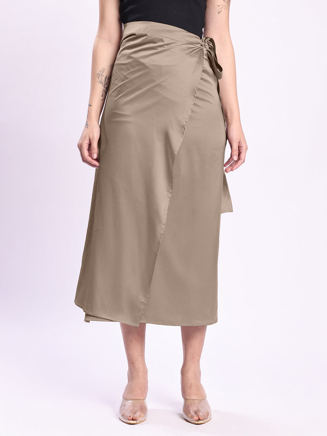 Women Beige Satin Wrap-Around Maxi Skirt