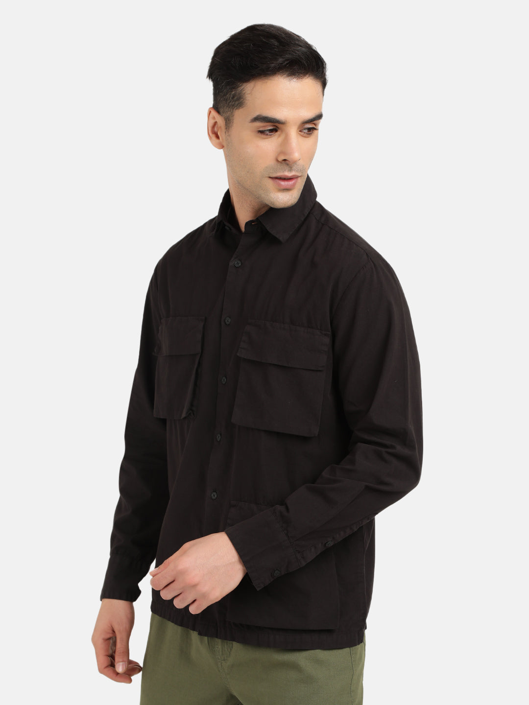 Men Black Overdyed Cargo Baggy Pockets Oversized Casual Shirt