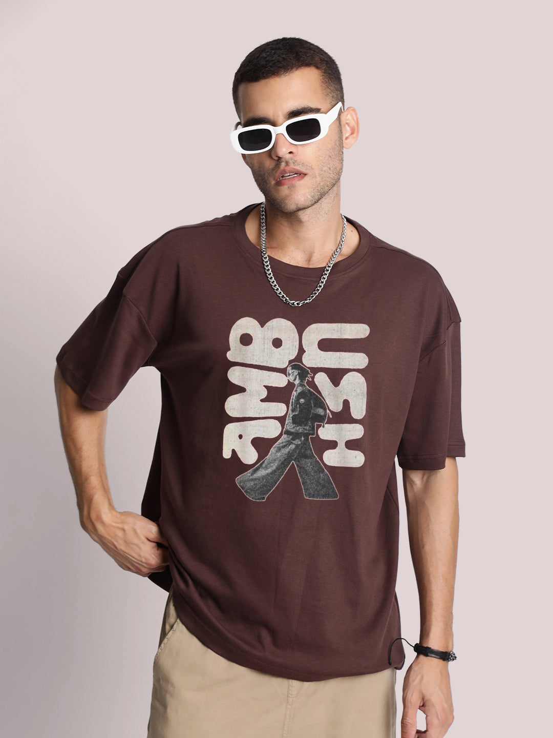 Men Brown Graphic Print Oversize T Shirt