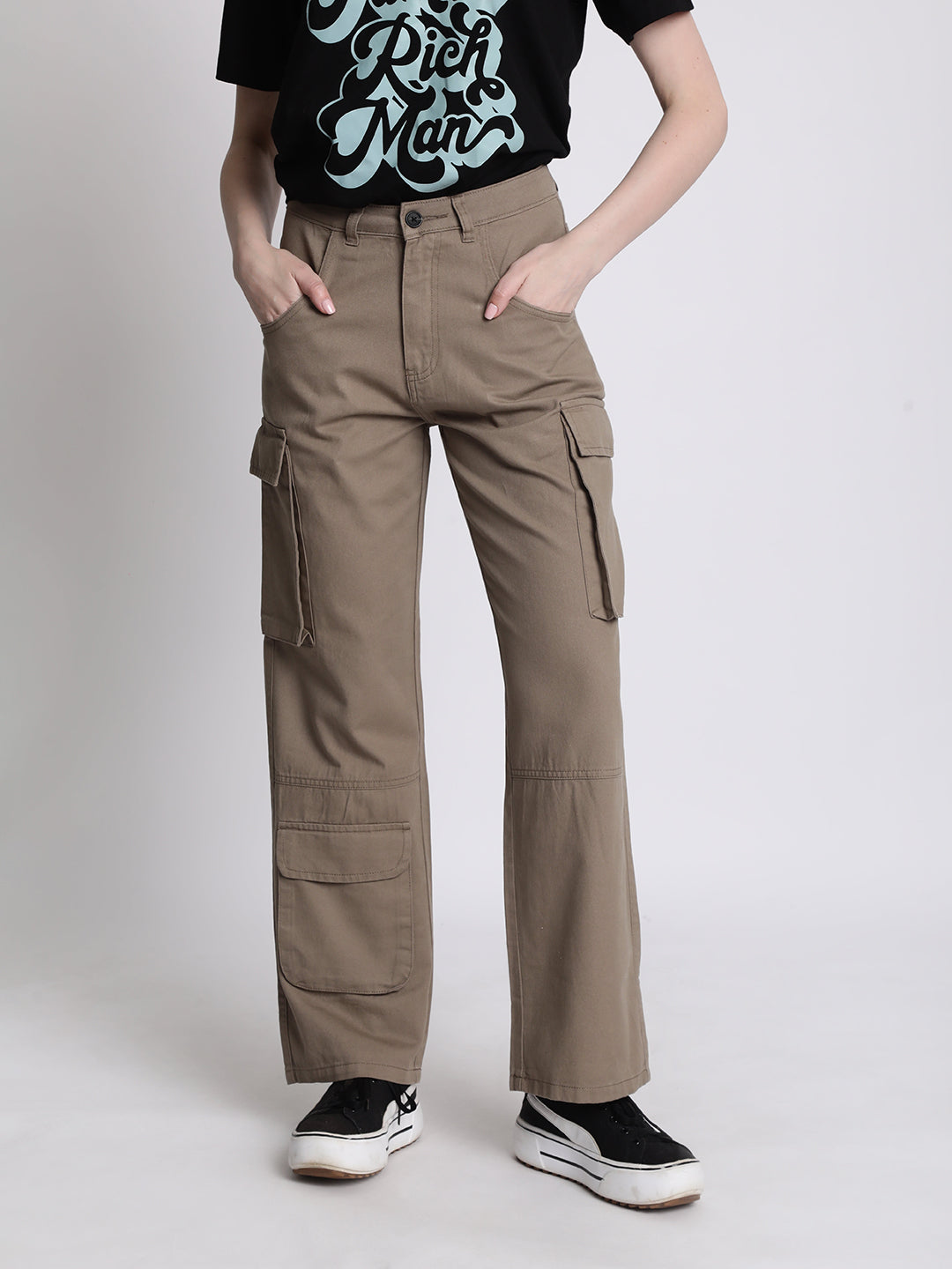 Women Brown Straight Fit Cargo Trousers