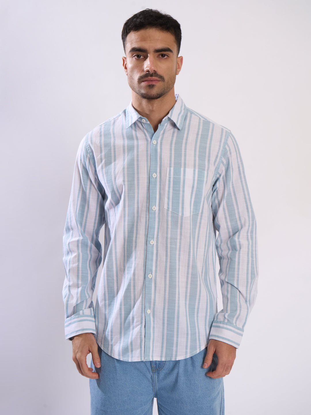 Men Turquoise Striped Single Pocket Shirt