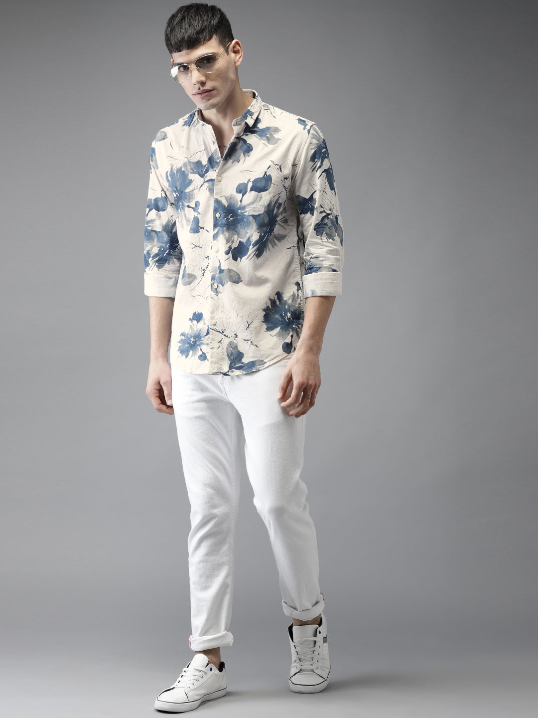 Men Off White Slim Fit Floral Casual Shirt