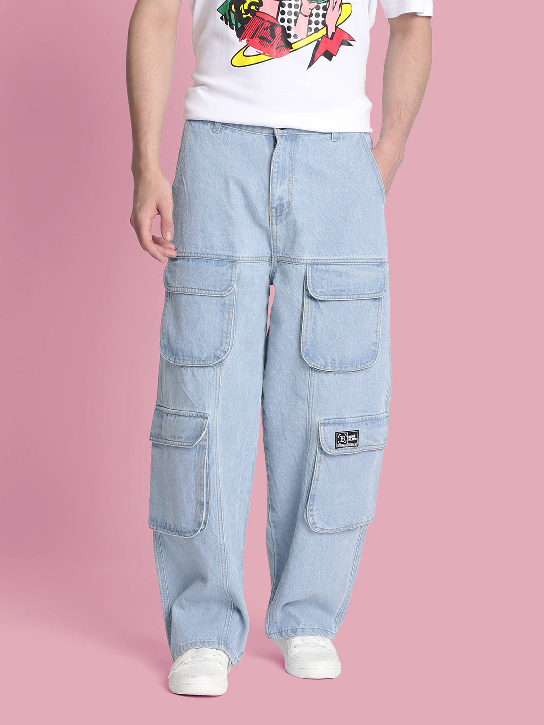 Men’s Light Blue Baggy Jeans with Utility Cargo Pockets