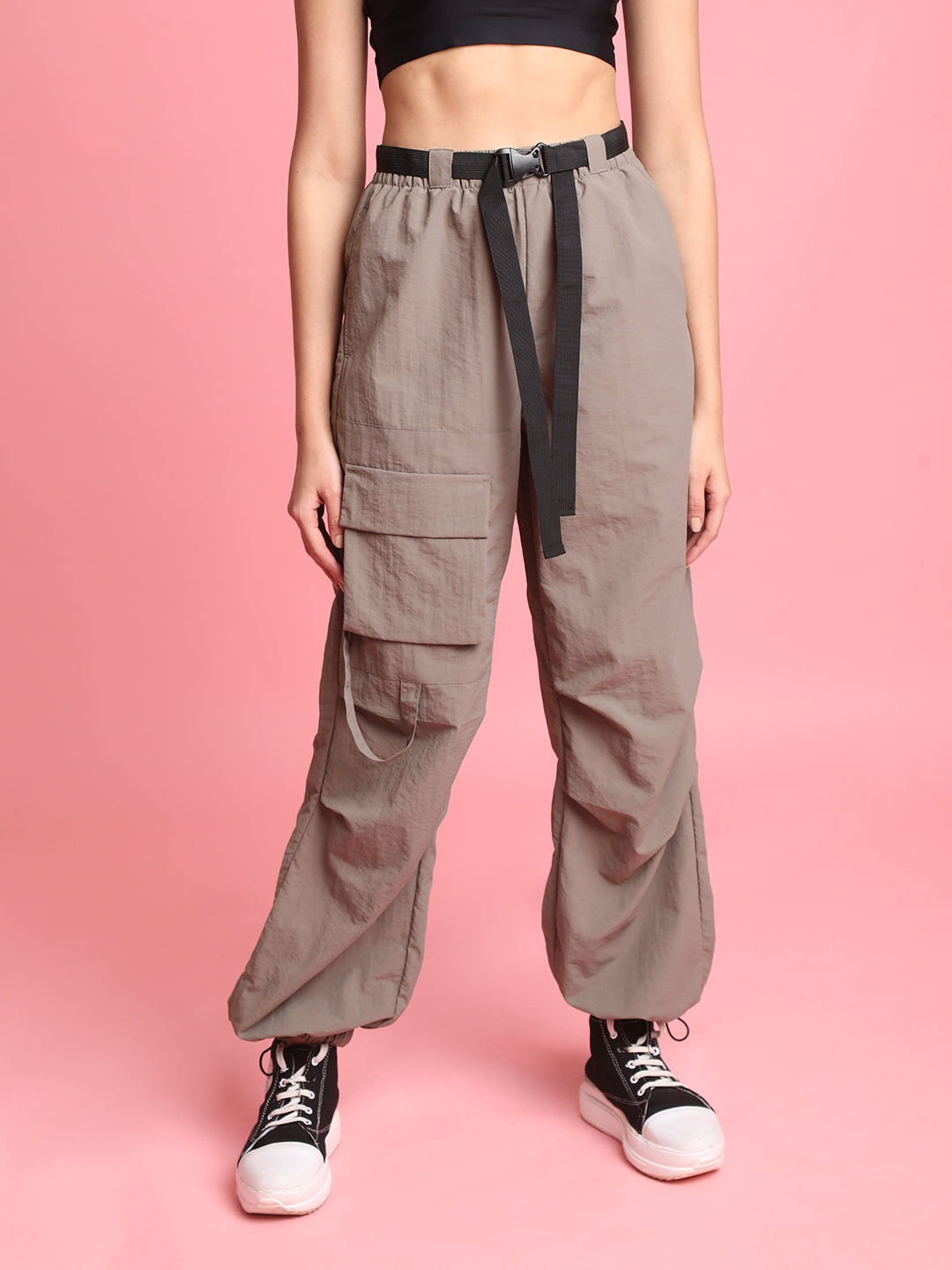 Wome Siliver Parachute Fit Solid Cargo Trouser With belt