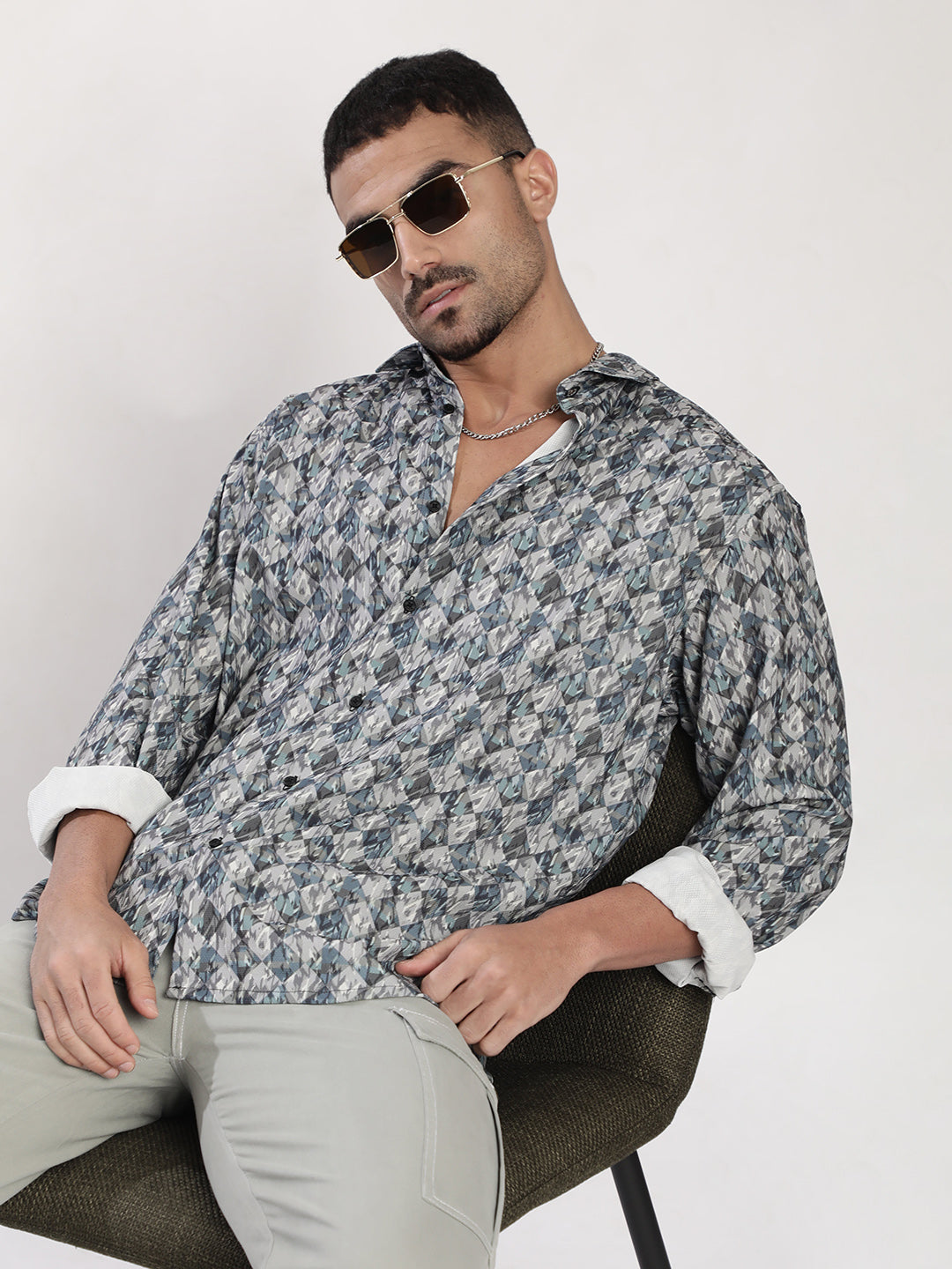 Men Grey and Blue Abstract Printed Shirt
