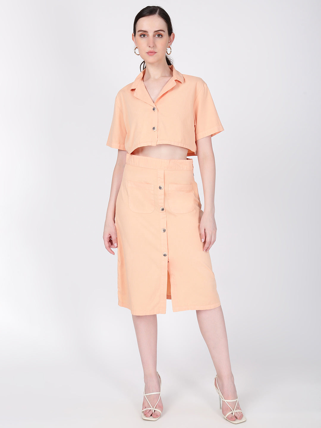 Women Peach Resort Collar Crop Shirt with Skirt Coord set