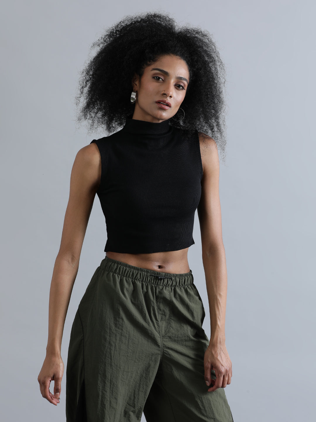 Women High Neck Ribbed Fitted Crop Top