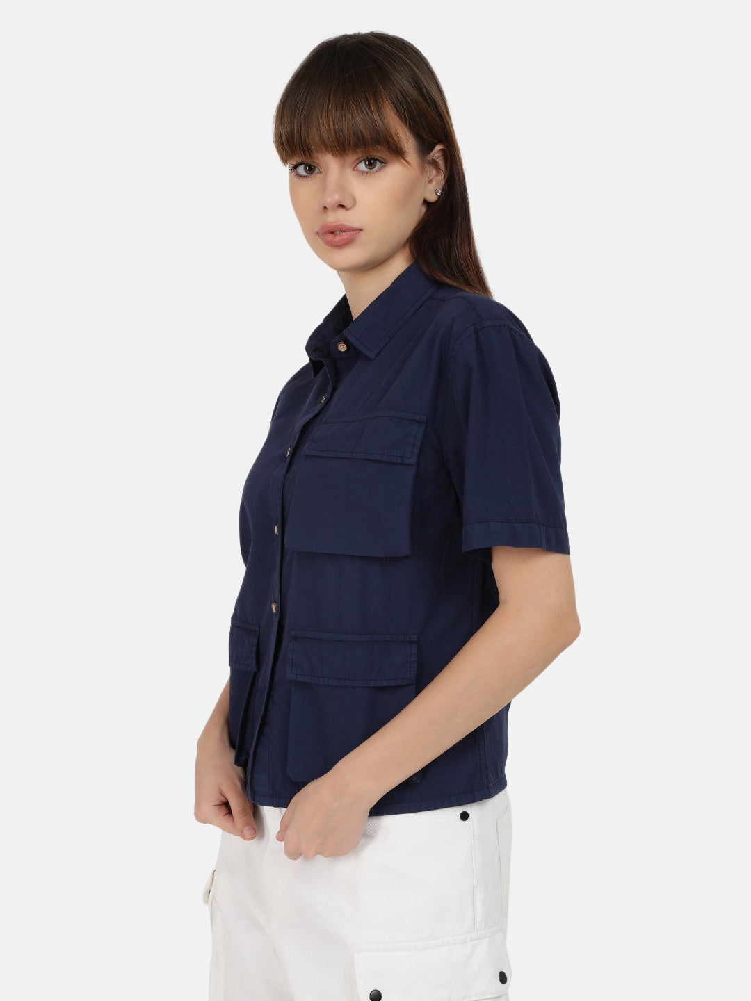 Women Prussian Blue Overdyed 3 Pockets Casual Shirt