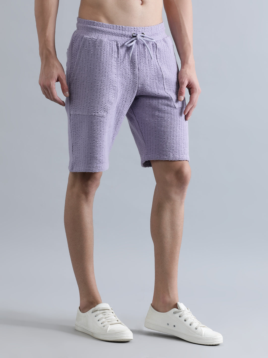 Men Lilac Regular Fit Seersucker Solid Knitted Shorts