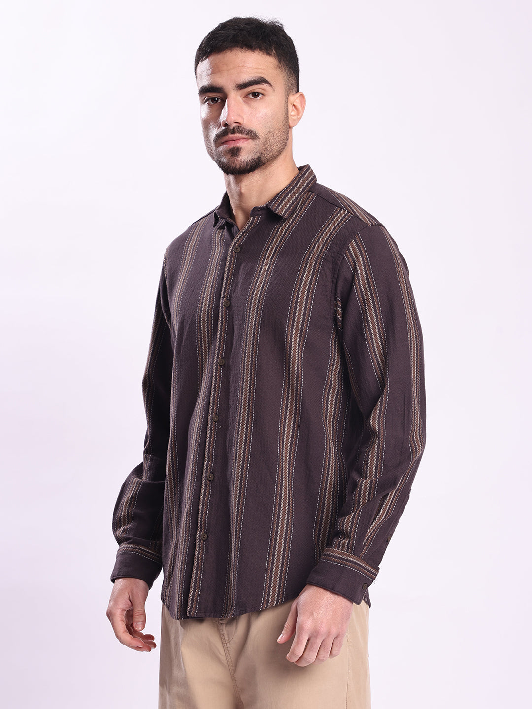 Men Brown Striped Casual Shirt