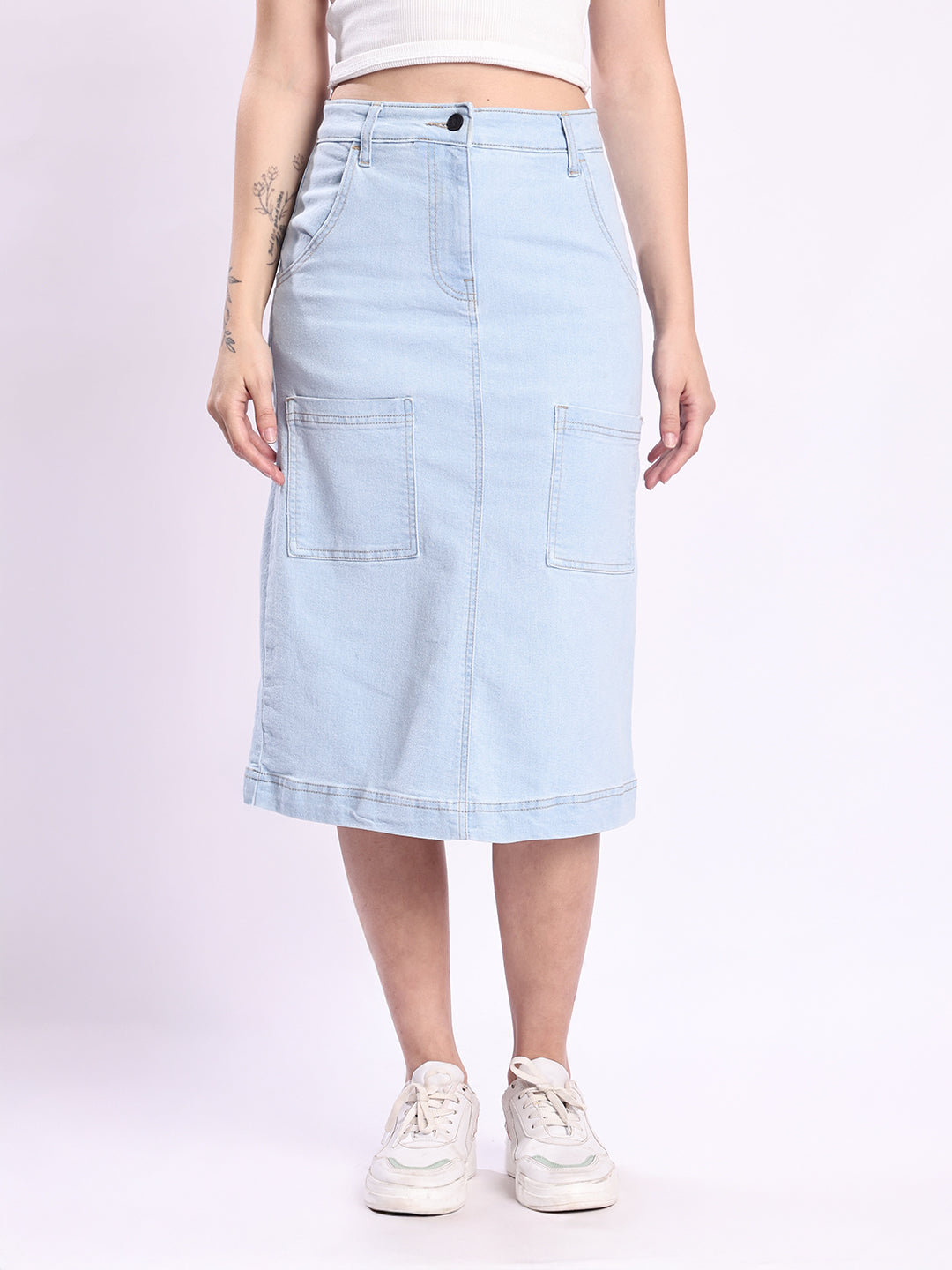 Women Light Blue A-Line Cargo Denim Skirt