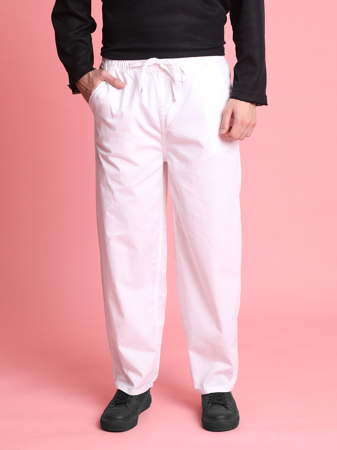 Men White Baggy Fit Trousers