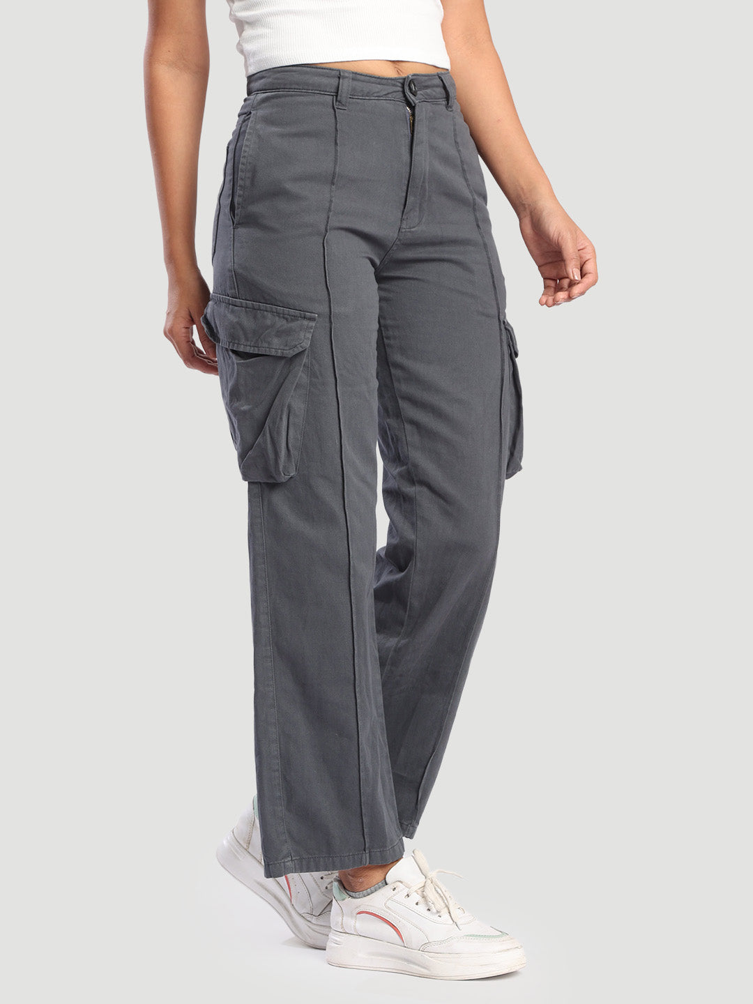 Womens cargo trouser with slanted pockets and front cut and sew till hem line