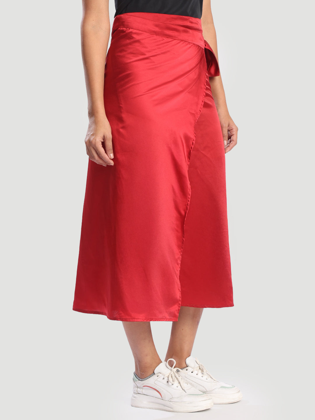 Women Red Satin Wrap-Around Maxi Skirt