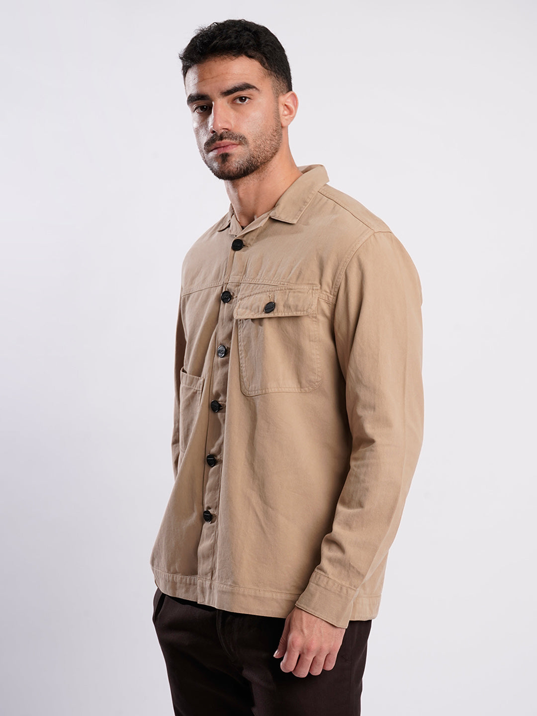 Men Beige Double Pocket Shacket