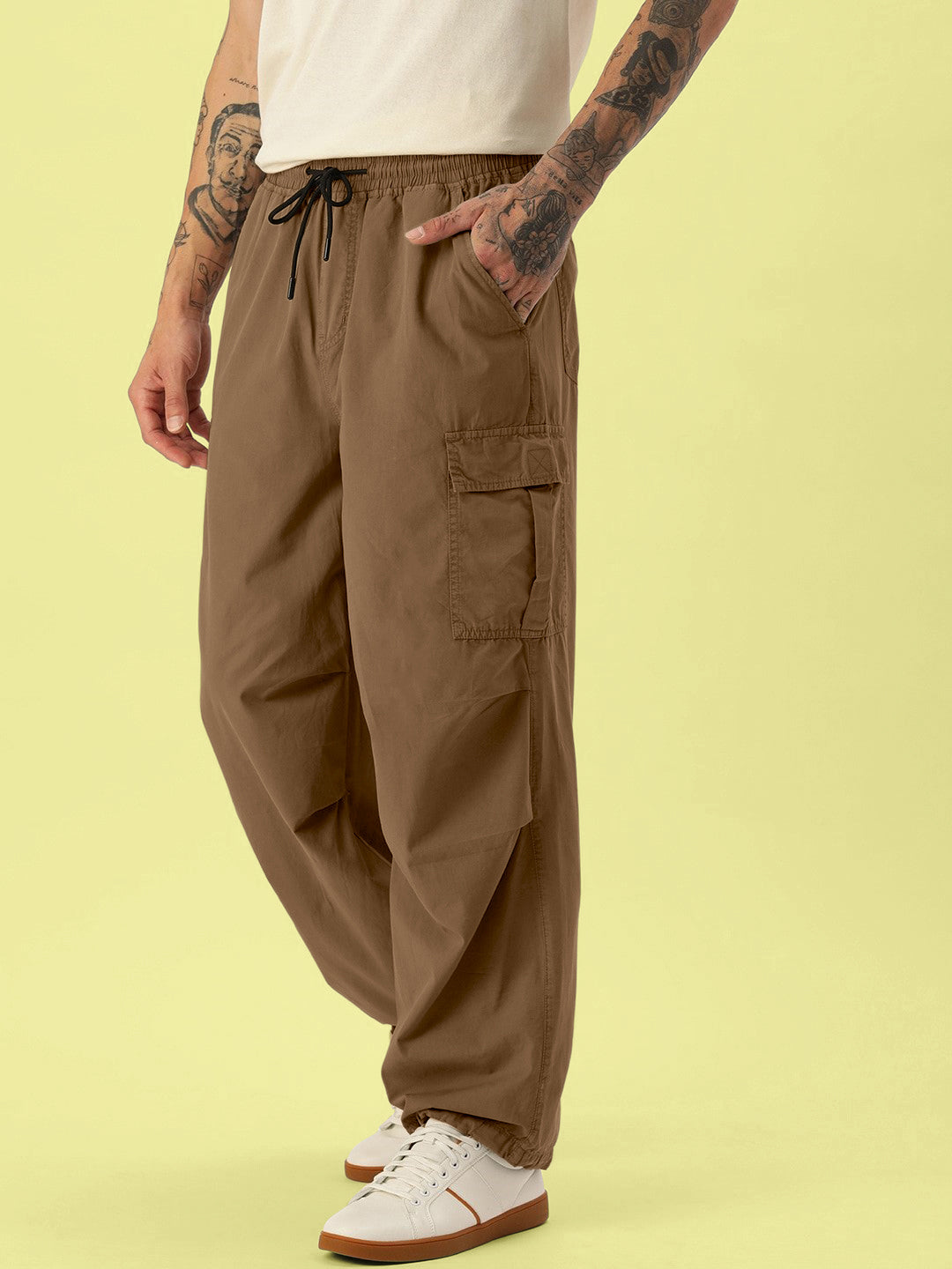 Gender Fluid Coffee Liquer Overdyed Parachute Fit Solid Cargo Trouser